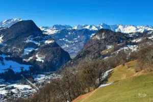 Schneefreie Bergwiese mit Alphütte mit den im Hintergrund liegenden Schneeberge
