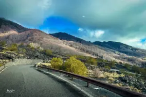 Die Strasse führt durch die Lavaschuttkegel ins Tal hinunter.