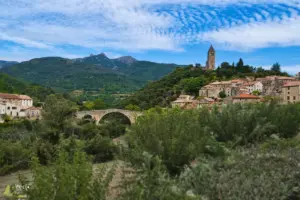 Aus dem bewaldeten Gebiet schaut das Mittelalter Dorf Olargues auf der Anhöhe raus.