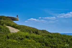 Das ehemalige Bunkerdach ragt wie eine Startrampe aus den ganzen Sträuchern die hier an der Küste die Flora prägen.
