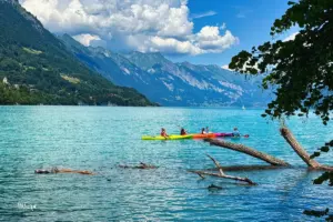 Die farbigen Kanu bieten einen tollen Farbkontrast im türkisfarbenen Brienzersee.