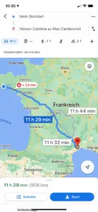 Der Kartenausschnitt ziegt die Fahrtstrecke von der Bretagne am Atlantik in den Süden Frankreichs ans Mittelmeer.