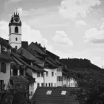 Eine schwarz-weiss Aufnahme zeigt einen Teil der alten Aarauer Stadtmauer mit der Stadtkirche.